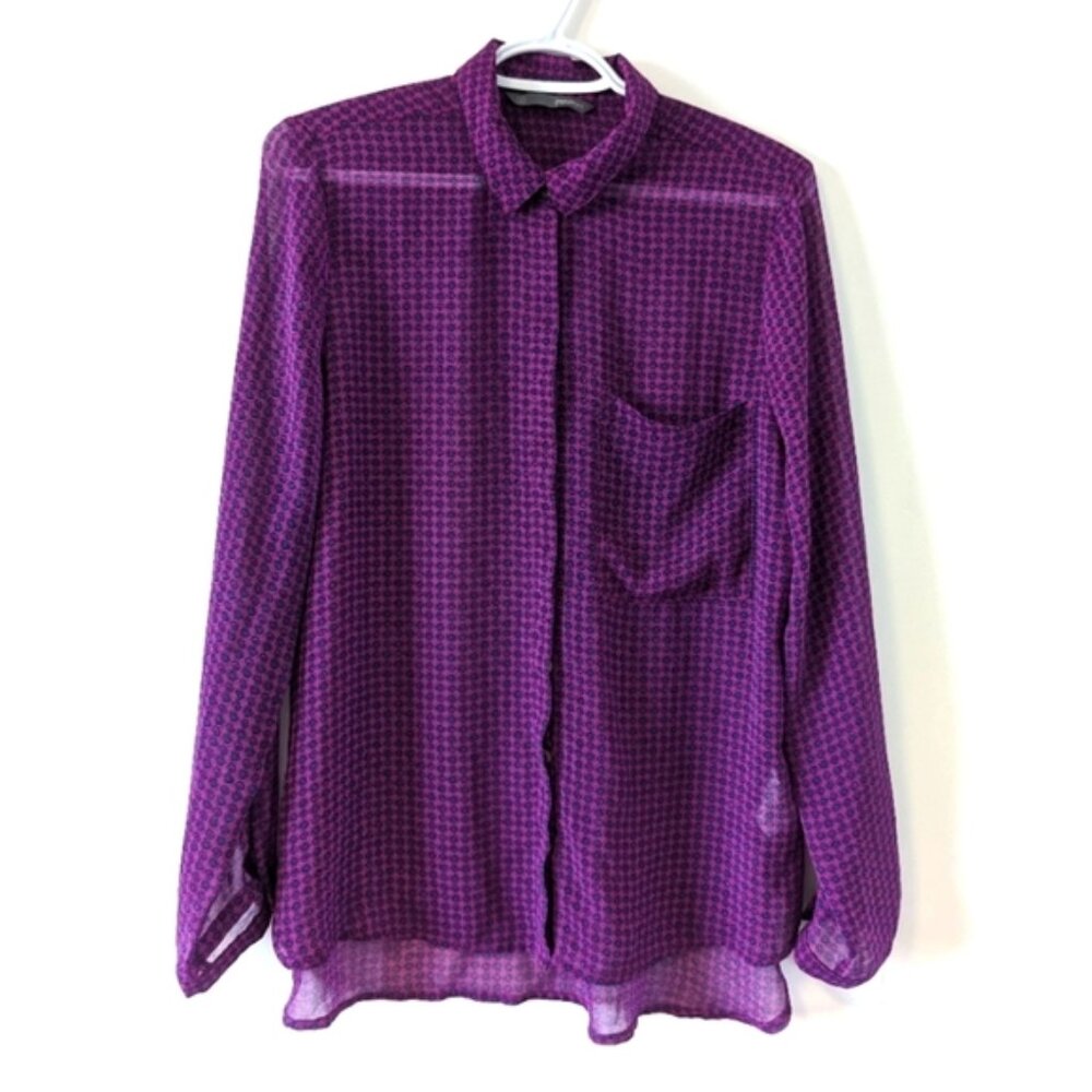 SmartSet Womens Medium Sized Purple Patterned Blouse Sheer Button